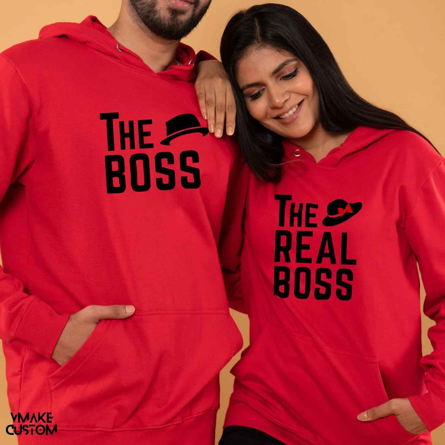 boss and his real boss red couple hoodies 