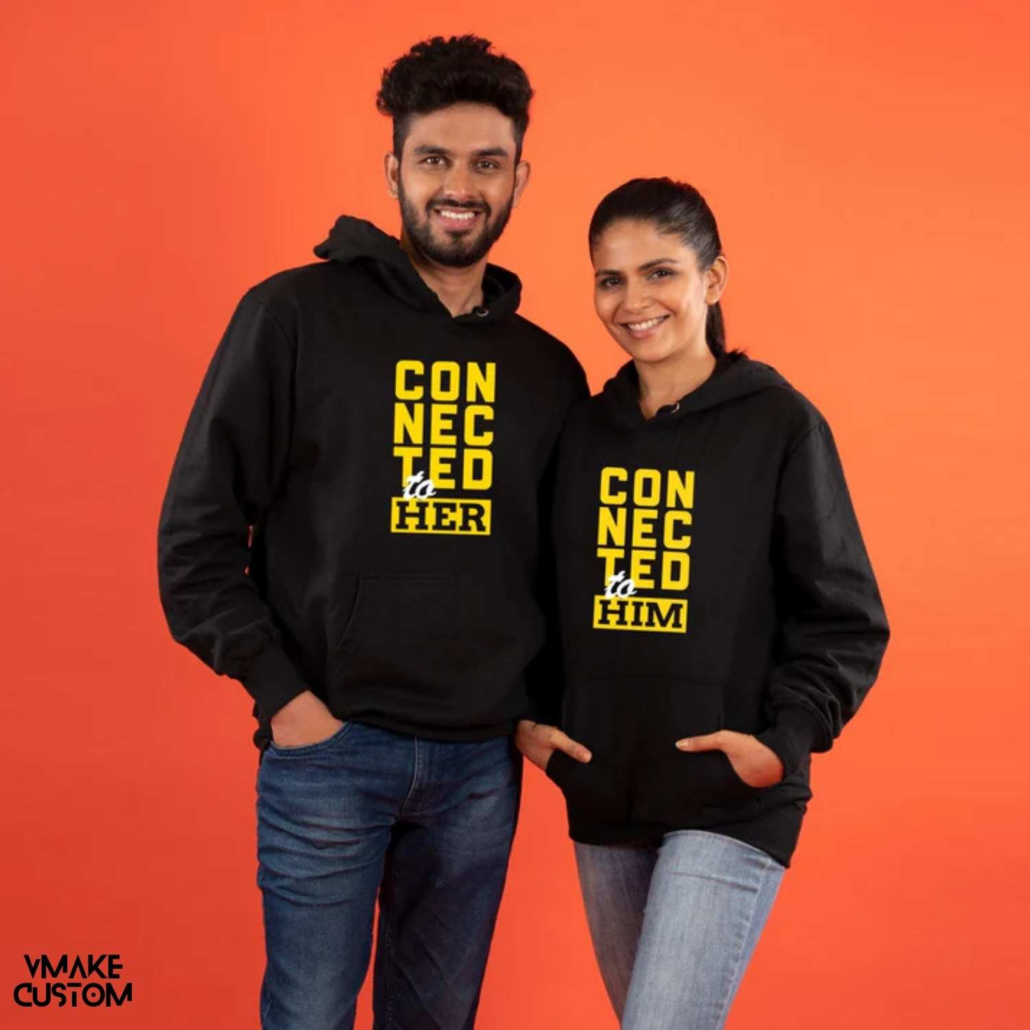 connected to him or her black hoodies for couple