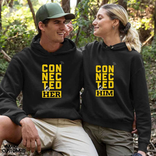 connected to her or him black hoodies for couple