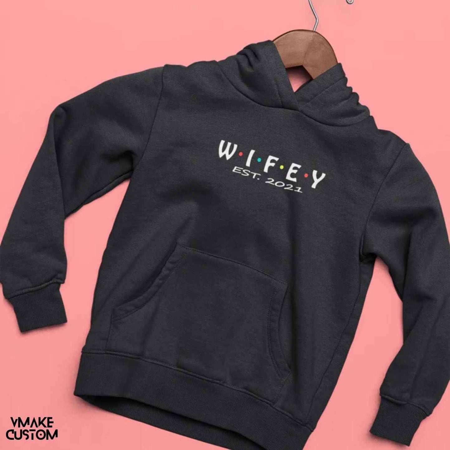 hubby wifey est 2024 black hoodies for couples