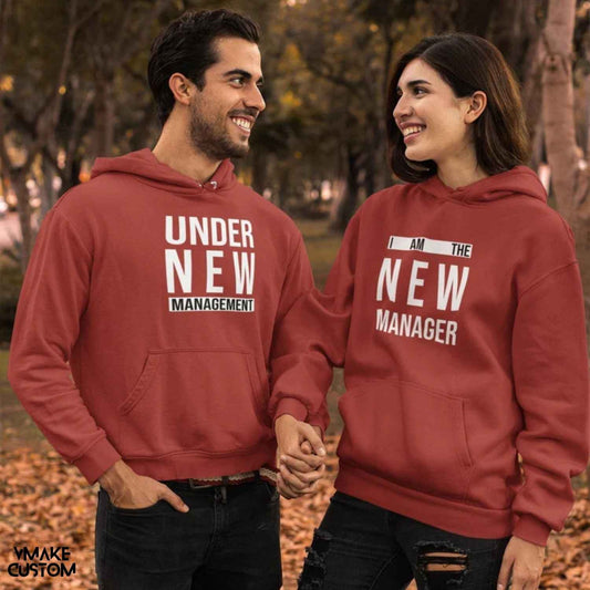 under new management maroon couple hoodie